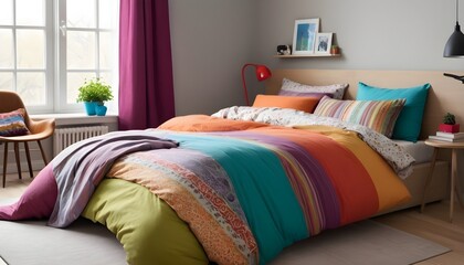 A trendy bedroom including a comfy bed with multicolored bedding