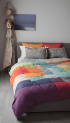 A trendy bedroom including a comfy bed with multicolored bedding