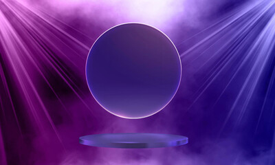purple podium for product presentation with yellow neon circle vector illustration. Abstract empty golden award platform