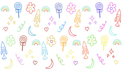 Cute kid scribble line flower, heart. rainbow background. Hand drawn doodle sketch childish element set.