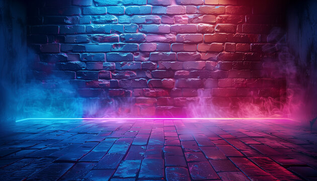Minimalistic Abstract electric neon corners glowing intensely against a midnight blue brick layout