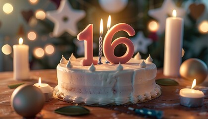 a beautiful birthday cake on the table with the big-sized number "16" written on top of the cake and burning candles around it with birthday decorations in the background slightly blurred.