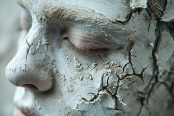 White cracked face., like stone or sculpture. Mental health concept.