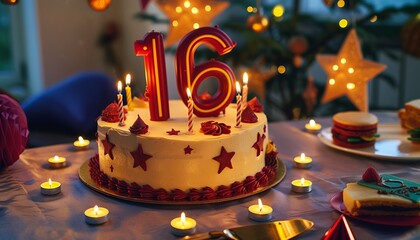 a beautiful birthday cake on the table with the big-sized number "16" written on top of the cake and burning candles around it with birthday decorations in the background slightly blurred.