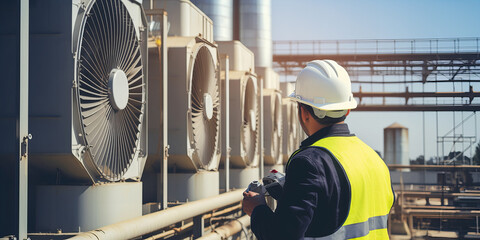  An engineer inspecting air conditioning units on the roof of a factory. Climate control.