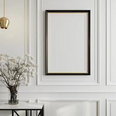 A classic empty frame mockup hanging on a pristine white wall, creating a clean and minimalist backdrop for any artwork or photograph, adding a touch of timeless elegance to the room.