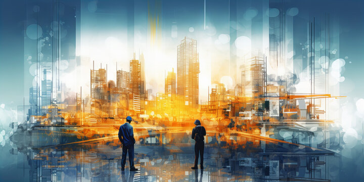 Digital illustration of a modern building. Working cranes under the control of engineers.