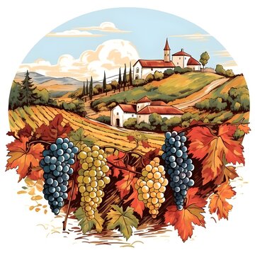 Una pintura de acuarela de una botella de vino y una copa de vino frente a un paisaje rural.
