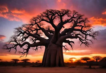 Gordijnen A gnarled baobab tree silhouetted against the backdrop of a vibrant sunset, its ancient form standing as a symbol of resilience and endurance. © COLLECTION OF AI
