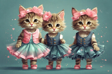 Three cute little kittens in blue and pink tutu and pink bows. perfect for children's book illustrations.