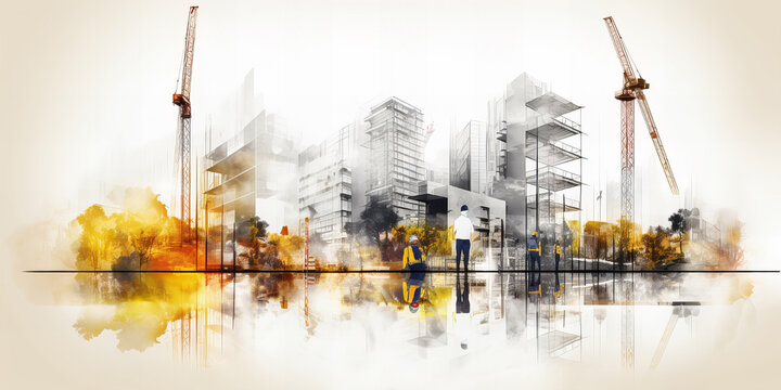 Digital illustration of a modern building. Working cranes under the control of engineers.