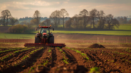 A farmer in a tractor prepares the ground of pre seeding chores.