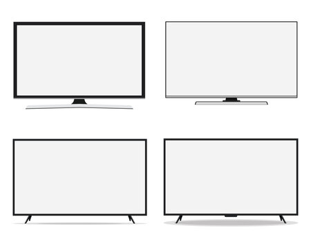 Set of TV flat screen lcd, plasma, tv mock up. white blank HD monitor 8K TV flatmockup. Modern video panel white flatscreen.Vector Illustration. Widescreen show your business presentation on display.	