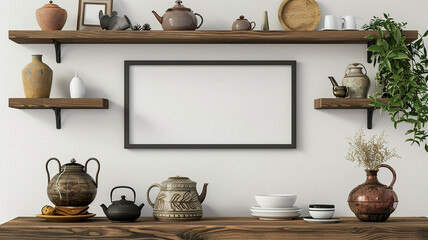 A frame mockup positioned on a wall adorned with shelves holding a collection of antique teapots