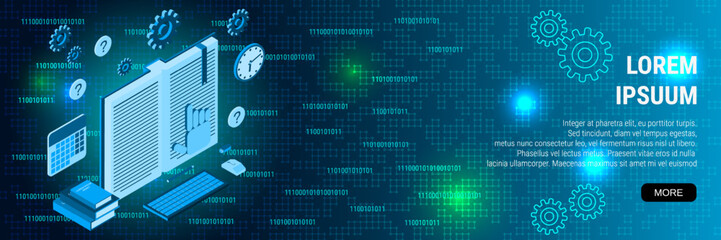 Digital technology banner vector design template. Online reading, distant education, tutorial, user guide flat 3d isometric concept