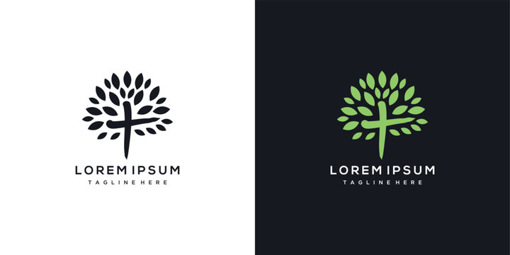 Christian Cross Church logo design vector illustration. cross logo with leaves around it