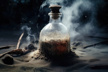 Mysterious Alchemist's Potion Bottle with Magical Smoke on a Dark Mystical Background - obrazy, fototapety, plakaty