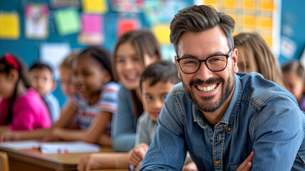 Obraz premium Portrait of a teacher teaching students in the classroom