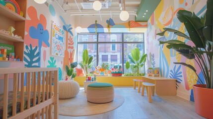 Kid's doctor office designed with natural light, fun murals, and cozy furniture