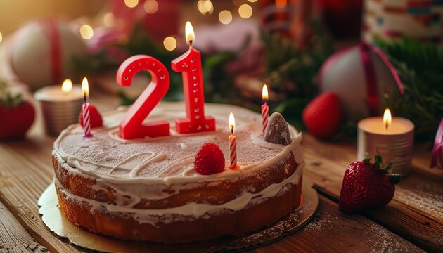 a beautiful birthday cake on the table with the big-sized number "21" written on top of the cake and burning candles around it with birthday decorations in the background slightly blurred.