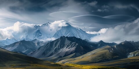  striking lenticular clouds over snow-covered peaks and rolling grasslands