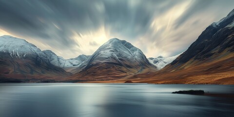 dynamic skies over snow-dusted mountains flanking a serene loch