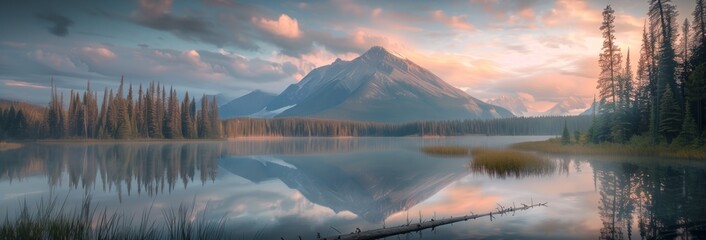 panorama of tranquil dawn light bathing a mountain and forest reflection in a still lake 