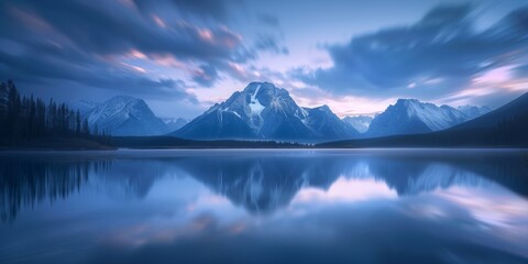 dusk sky over a mountain's perfect reflection in a glassy lake