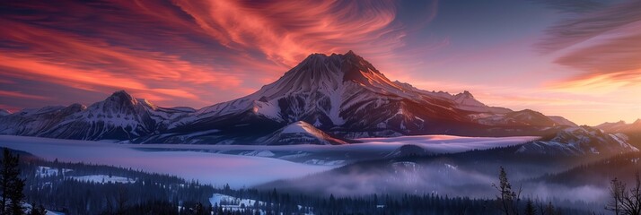 fiery sunrise illuminating a rugged mountain above a valley cloaked in mist