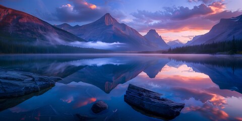 epic and serene national park mountain view reflected in a lake at dusk