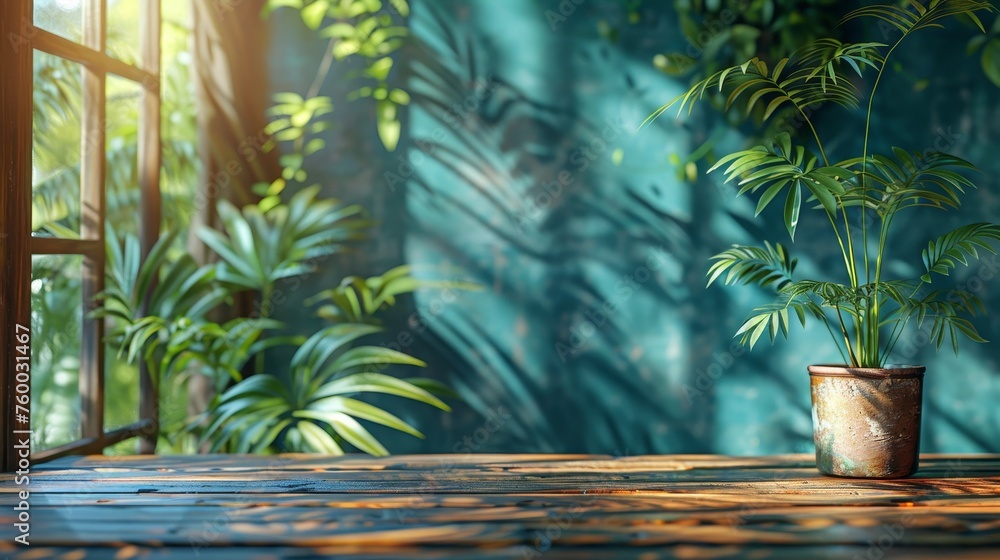 Aufkleber the wood table and the green wall background create a leaf shadow on the wall with the blurred indoo