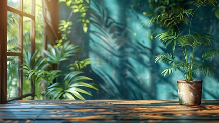 The wood table and the green wall background create a leaf shadow on the wall with the blurred indoor green plants in the foreground. Display product with a panoramic banner for a welcoming interior - obrazy, fototapety, plakaty