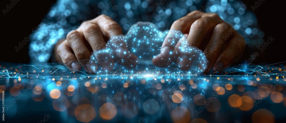 Poster hand of a businessman working with a cloud computing diagram on a new interface for computers