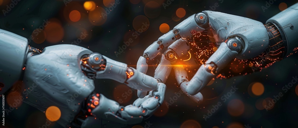 Poster AI, Machine Learning, Robots and human hands touching on big data network connection background, Science and Artificial Intelligence technology, innovation.