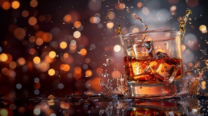 Glass of splashing whiskey or other alcohol with ice cube 