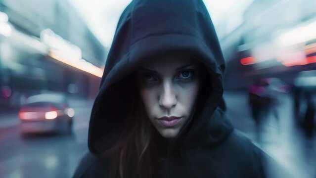 City Life in Motion: Blurred Figures, Hooded Woman. Generative ai