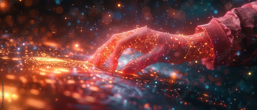 Poster hand of a woman touching the metaverse universe, digital transformation concept for the next generat