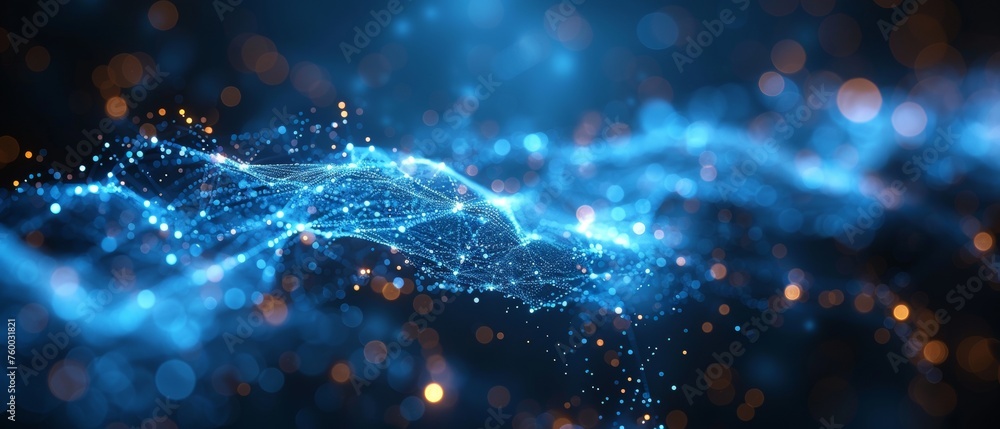 Poster on a bright blue background, abstract connected dots are displayed. technology concept.