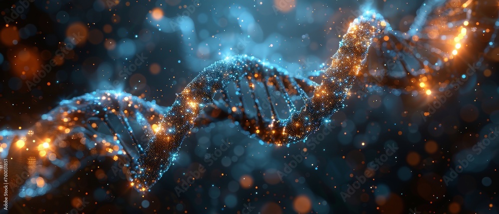 Poster an abstract dark and blue digital background depicts the transfer of dna biology data, as well as co