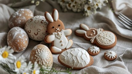 Fototapeta na wymiar Happy easter! Handmade Easter gingerbread cookies in the shape of a bunny