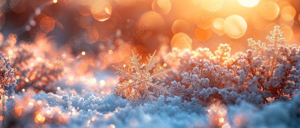 Poster embedded snowflakes on snow with bokeh of christmas lights - real snowdrift and acrylic crystals