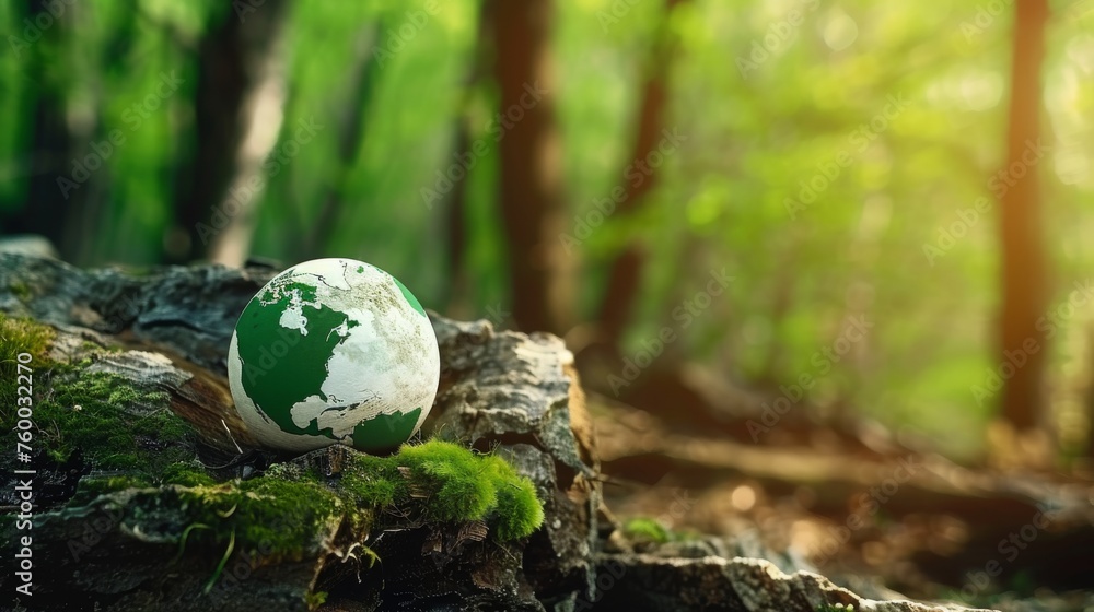 Poster Environment - Abstract Defocused Sunlight With Green Globe In Forest With Moss