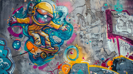Fototapeta na wymiar cosmonaut on a skateboard graffiti style on a gray wall