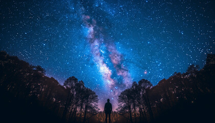 A clear night sky revealing the cosmic splendor of the Milky Way, framed by the dark, leafless trees reaching upwards.  - obrazy, fototapety, plakaty