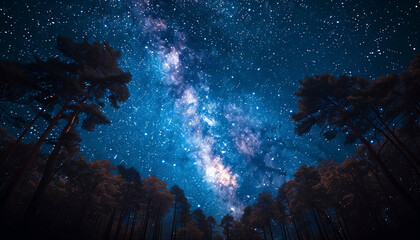 A clear night sky revealing the cosmic splendor of the Milky Way, framed by the dark, leafless trees reaching upwards. 