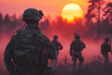 Army during sunset. Ranger soldier training. Generate Ai