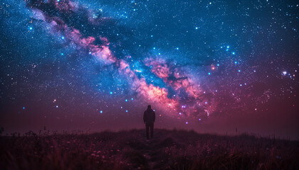 Fototapeta na wymiar Minimalistic Abstract night sky with a Milky Way arc over a silent observer on a horizon