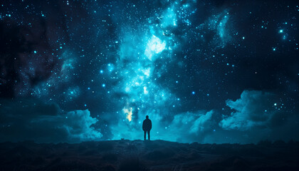 Fototapeta premium Minimalistic Abstract silhouette of a lone figure standing under a star-studded sky gradient