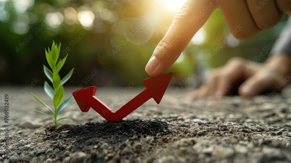 Poster a businessman points an arrow in a growing corporate graph. the beginning of success and the growth 