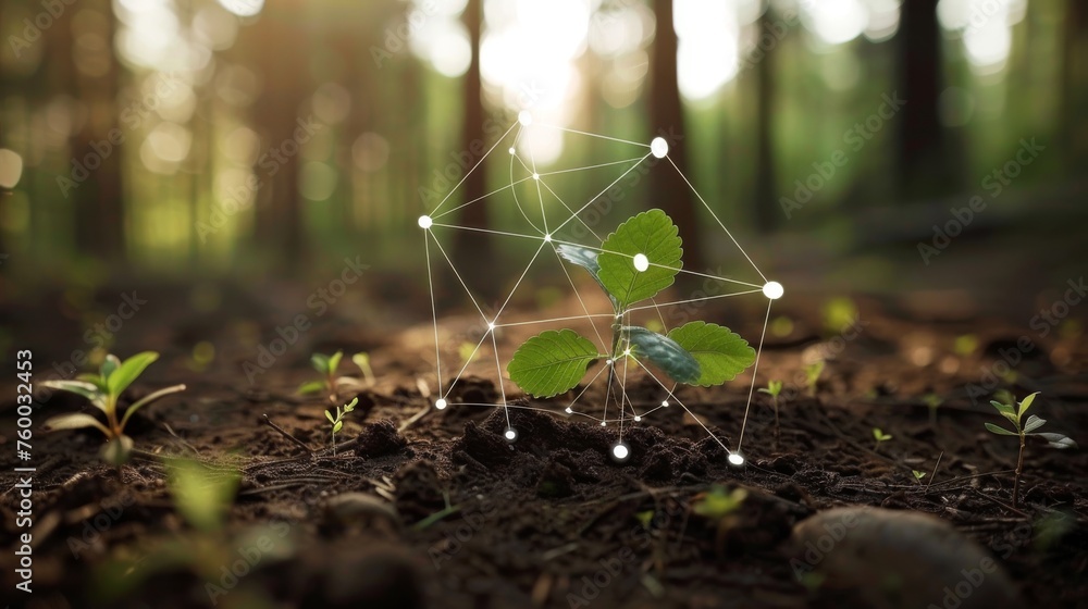 Poster growing plants in sunlight with increasing graph and icons. sustainable development. environment and